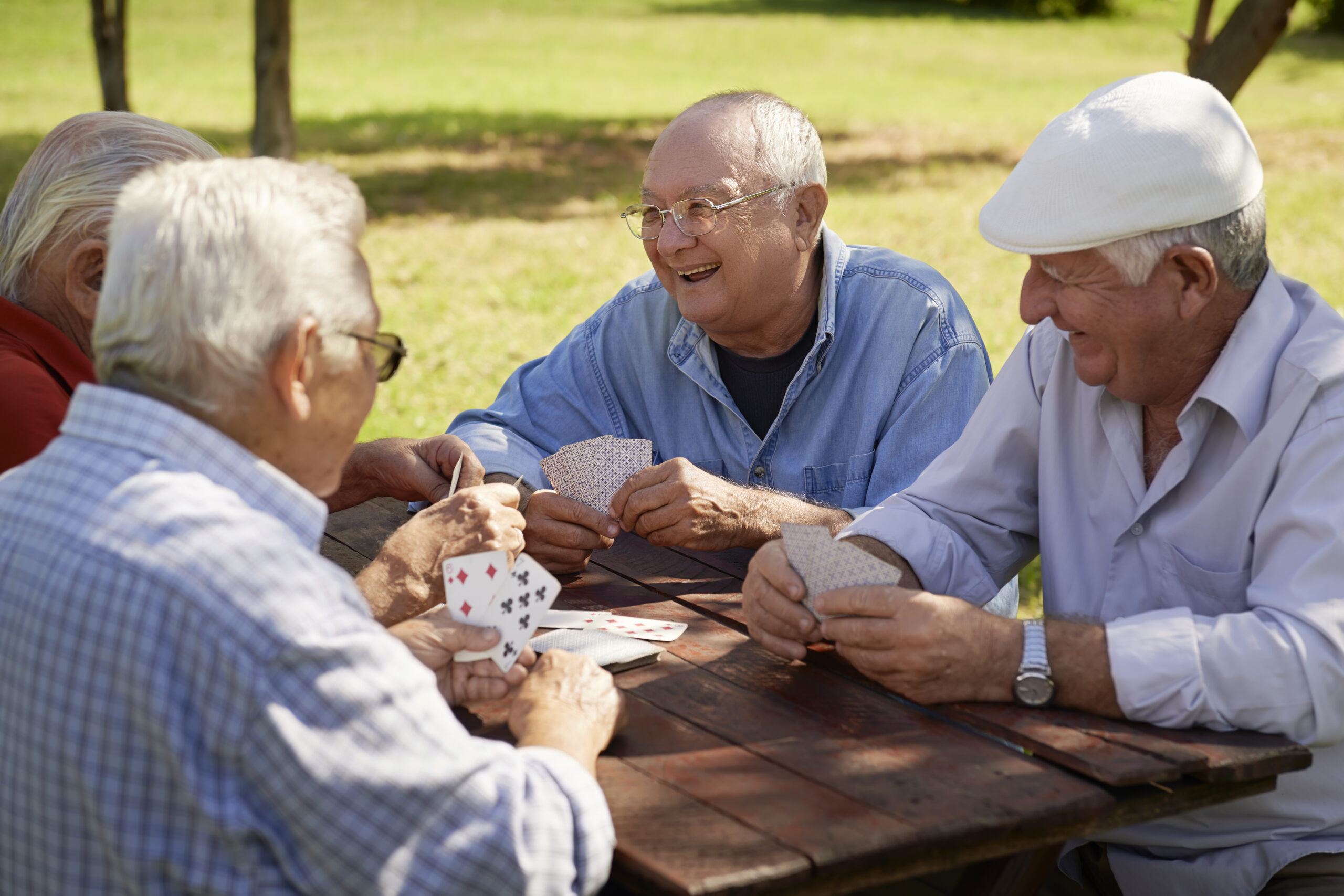 Group of senior men, smiling and playing cards at the park